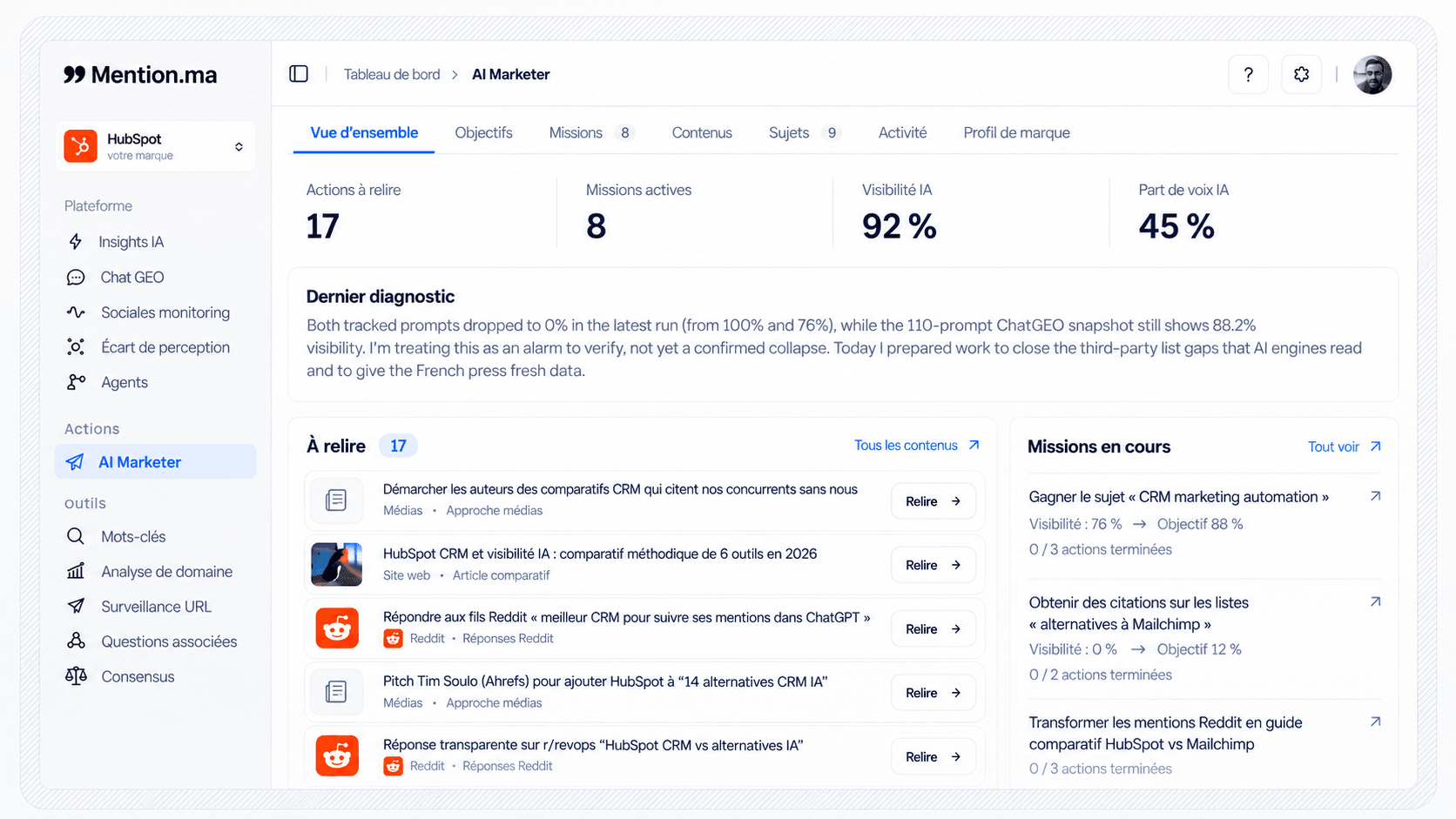 Aperçu du cockpit AI Marketer sur mention.ma