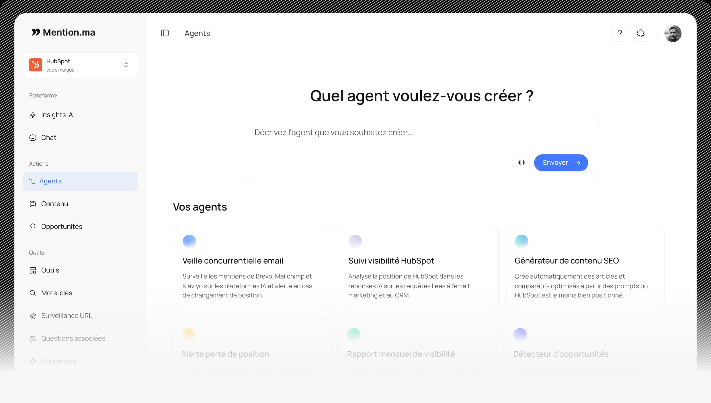 Aperçu des agents intelligents mention.ma pour automatiser la visibilité IA